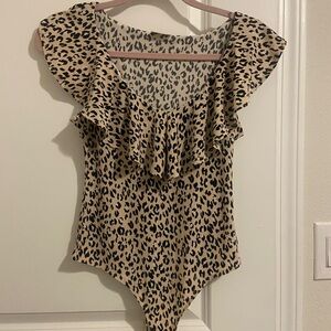 Leopard Print Ruffle Sleeve Women's Bodysuit